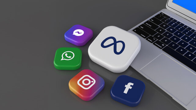 3D rendering of badges with facebook, instagram, whatsapp, messenger and meta logos on a laptop on a grey background.