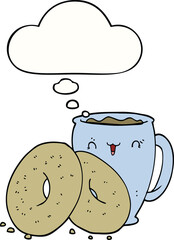 cartoon coffee and donuts and thought bubble
