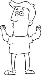 black and white cartoon surprised man flexing biceps