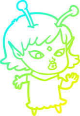 cold gradient line drawing pretty cartoon alien girl