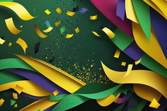 Brazilian carnival party theme abstract background, confetti, streamers, glitter. Generative AI.