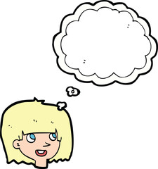 cartoon happy female face with thought bubble