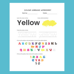 Yellow Color recognition and spelling learning worksheet for kids. Unique children activity page.