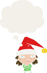 cartoon girl wearing christmas hat and thought bubble in retro style