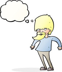 cartoon bearded man shrugging shoulders with thought bubble