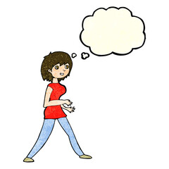 cartoon woman walking with thought bubble