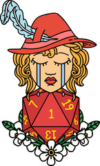 crying human bard with natural one D20 dice roll illustration
