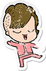 distressed sticker of a happy cartoon girl