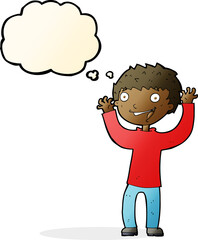 cartoon excited boy with thought bubble