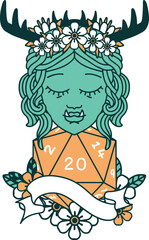 half orc druid character with natural 20 dice roll illustration