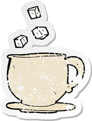 retro distressed sticker of a cartoon teacup with sugar cubes