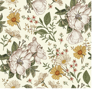 Seamless pattern.Dogrose Rosehip Wild rose daisies chamomile. Beautiful blooming realistic isolated flowers. Vintage background Wallpaper retro Drawing engraving sketch. Vector victorian Illustration 