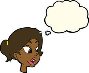 cartoon friendly woman with thought bubble
