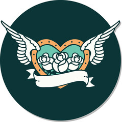tattoo style sticker of a flying heart with flowers and banner