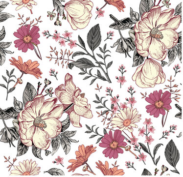 Seamless pattern.Dogrose Rosehip Wild rose daisies chamomile. Beautiful blooming realistic isolated flowers. Vintage background Wallpaper retro Drawing engraving sketch. Vector victorian Illustration 
