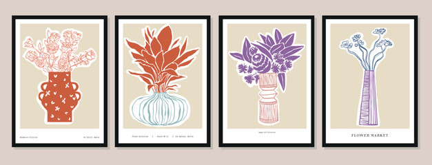 Vector illustration set of botanical printable posters. Art for for postcards, wall art, banner, background.	