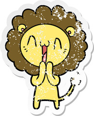distressed sticker of a happy cartoon lion