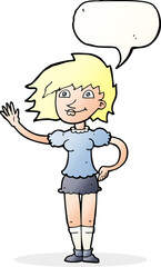 cartoon woman waving with speech bubble