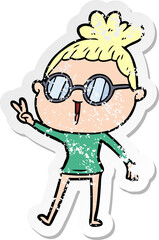 distressed sticker of a cartoon woman wearing spectacles