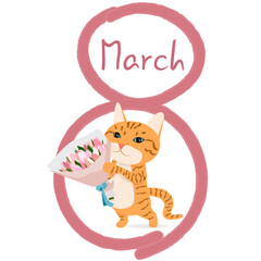 Red cat with blue eyes with a bouquet on women's day 8 march