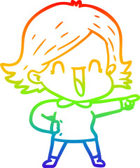 rainbow gradient line drawing cartoon laughing woman pointing