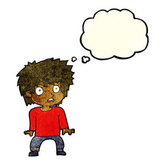 cartoon frightened boy with thought bubble