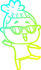 cold gradient line drawing cartoon happy woman wearing spectacles
