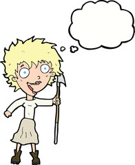 cartoon crazy woman with spear with thought bubble