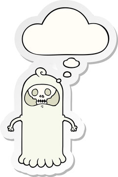 cartoon spooky skull ghost and thought bubble as a printed sticker