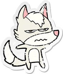 distressed sticker of a cartoon annoyed wolf