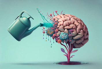 Human brain growing from a flower, watering can is pouring water on the mind, mental health concept, positive attitude, creative thinking, generative AI  - obrazy, fototapety, plakaty