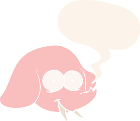cartoon elephant face and speech bubble in retro style