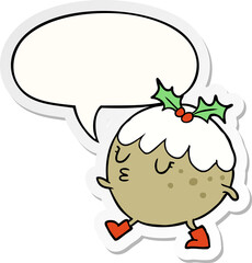 cartoon christmas pudding walking and speech bubble sticker