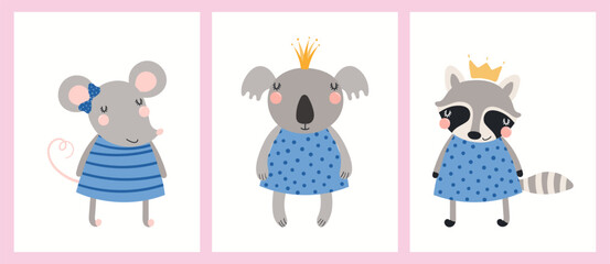 Cute funny animal girls, mouse, koala, raccoon, little princesses posters, cards collection. Hand drawn vector illustration. Scandinavian style flat design. Concept for kids fashion, textile print.