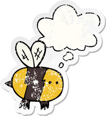 cartoon bee and thought bubble as a distressed worn sticker