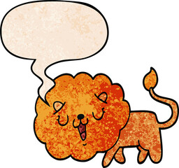 cute cartoon lion and speech bubble in retro texture style