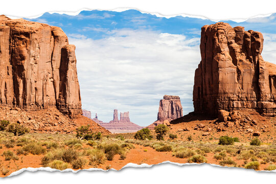 Creative picture of Monument Valley in USA - scenic red landscape with blue sky.