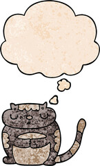 cute cartoon cat and thought bubble in grunge texture pattern style