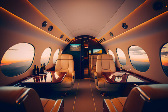 luxury interior in the modern business jet and sunlight table with booze and cutlery, food in flight clouds through the porthole. Generative AI