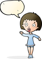 cartoon waving woman with speech bubble