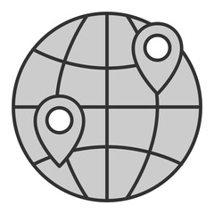 Globe and two location signs - dispatch and delivery - icon, illustration on white background, grey style