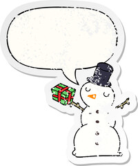 cartoon snowman and speech bubble distressed sticker