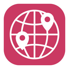 Globe and two location signs - dispatch and delivery - icon, illustration on white background, color glyph style