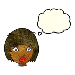 cartoon worried female face with thought bubble