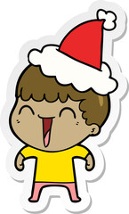 sticker cartoon of a happy man wearing santa hat