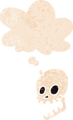 laughing skull cartoon and thought bubble in retro textured style