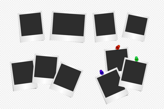 Vector set of realistic Polaroid templates and pins on transparent background