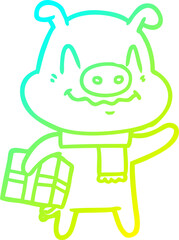 cold gradient line drawing nervous cartoon pig with present