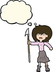 cartoon woman with harpoon with thought bubble