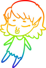 rainbow gradient line drawing pretty cartoon elf girl flying